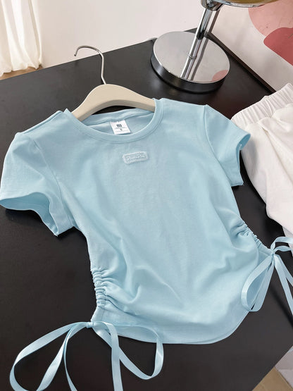 Good reputation! It's so comfortable to wear! Summer light blue bow tie top waist short-sleeved T-shirt