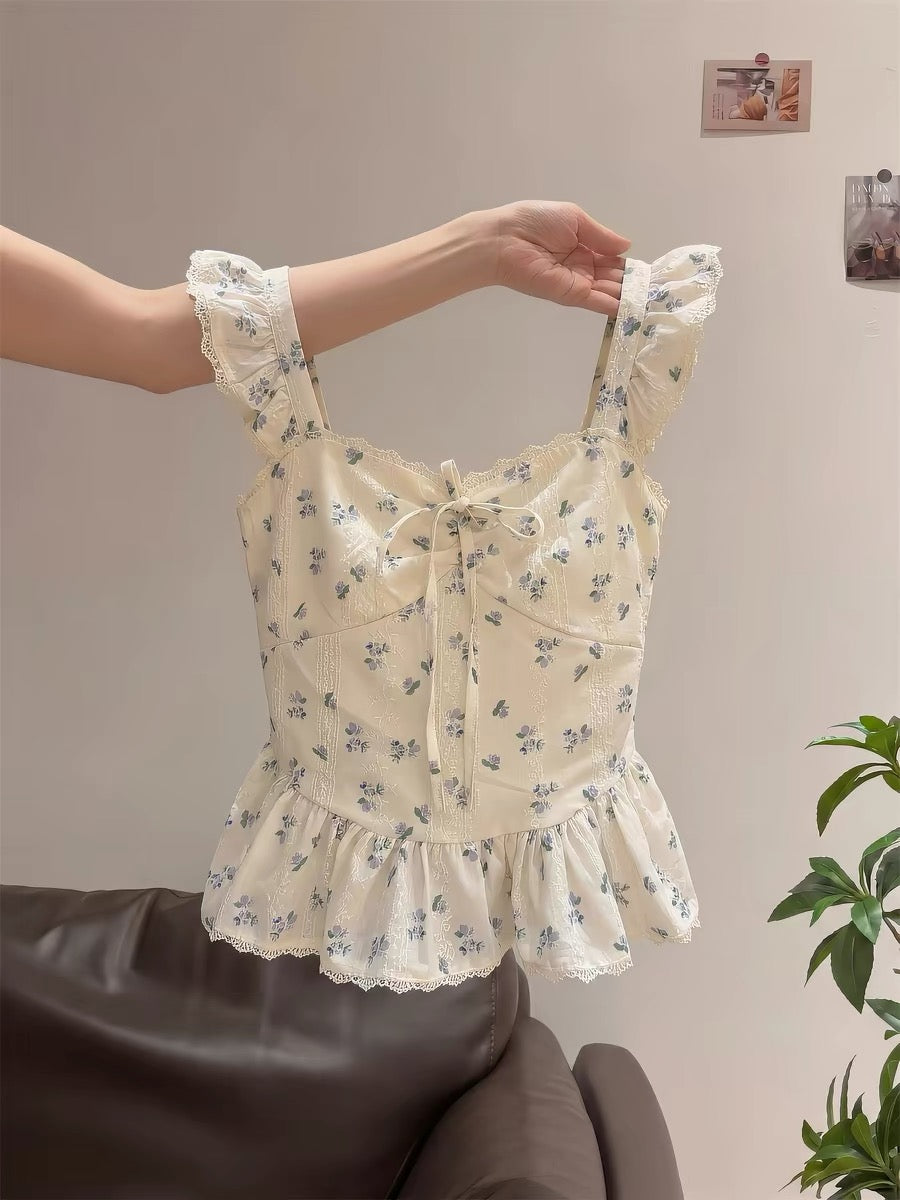 Korean style floral lace patchwork ruffled camisole top for women, sweet design, summer style, small flutter sleeve vest shirt