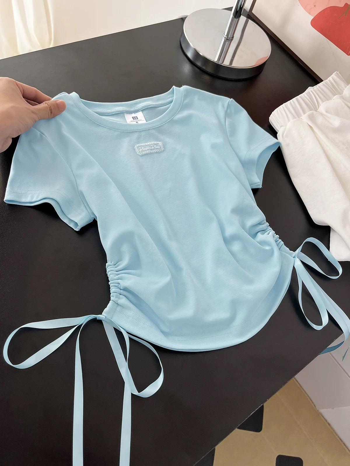Good reputation! It's so comfortable to wear! Summer light blue bow tie top waist short-sleeved T-shirt