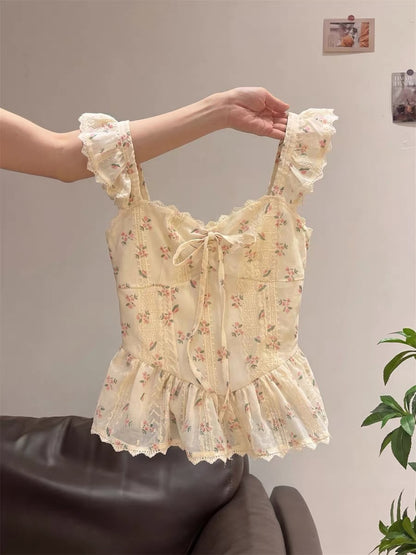 Korean style floral lace patchwork ruffled camisole top for women, sweet design, summer style, small flutter sleeve vest shirt