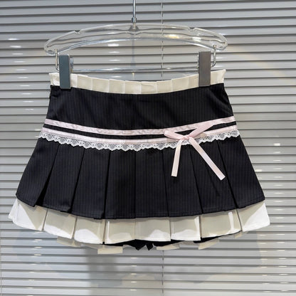 Internet celebrity same style 2025 summer new style small fragrance style bow lace straps sweet girl striped pleated skirt skirt