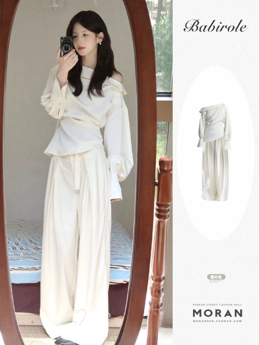 French design sense niche queen wear two-piece suit one-line slope collar shirt top casual pants advanced spring and autumn