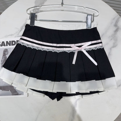 Internet celebrity same style 2025 summer new style small fragrance style bow lace straps sweet girl striped pleated skirt skirt