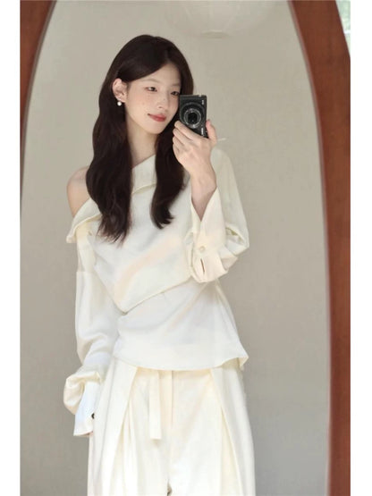 French design sense niche queen wear two-piece suit one-line slope collar shirt top casual pants advanced spring and autumn