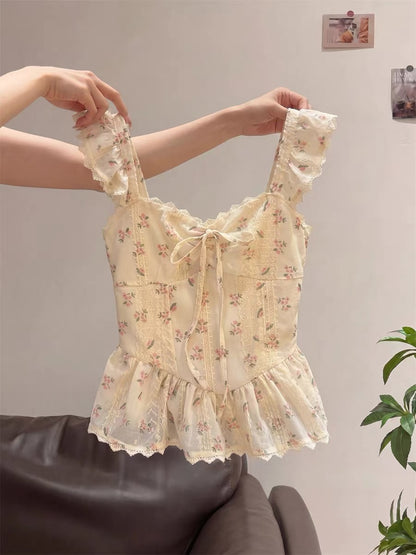 Korean style floral lace patchwork ruffled camisole top for women, sweet design, summer style, small flutter sleeve vest shirt