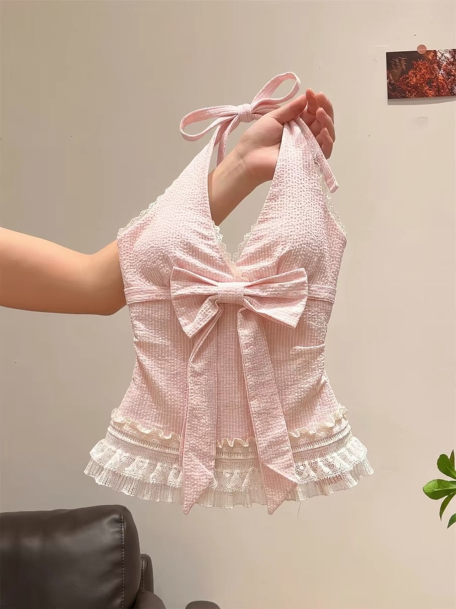 Summer Chic and Exquisite Sweet and Spicy Halter Vest for Women, Korean Style, Pretty and Unique Bow Lace Waist-cinching Top