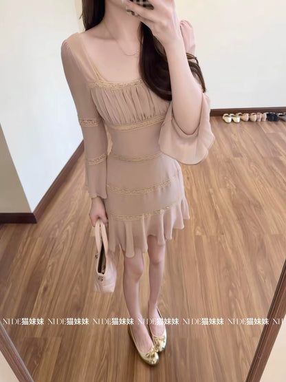 In stock! A true beauty—pink dress with flared, ruffled, three-quarter-length sleeves; a French-style chiffon dress perfect for summer.