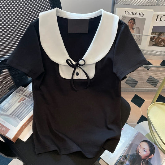 Retro sweet faux two-piece color-blocked Peter Pan collar short-sleeved T-shirt for men and women, summer Korean style unique and pretty short top
