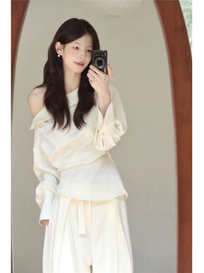 French design sense niche queen wear two-piece suit one-line slope collar shirt top casual pants advanced spring and autumn