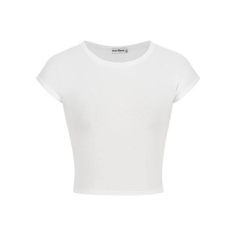 Sexy and hot red tight-fitting round neck short-sleeved T-shirt for women, summer versatile stretch waist cropped top
