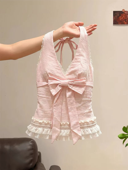 Summer Chic and Exquisite Sweet and Spicy Halter Vest for Women, Korean Style, Pretty and Unique Bow Lace Waist-cinching Top