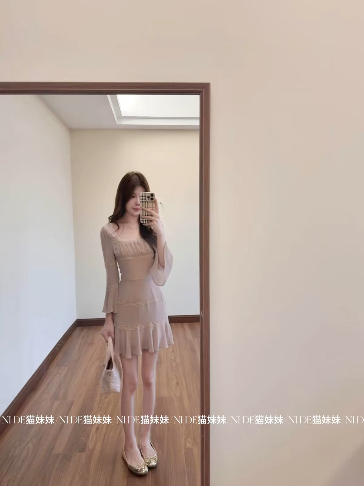 In stock! A true beauty—pink dress with flared, ruffled, three-quarter-length sleeves; a French-style chiffon dress perfect for summer.