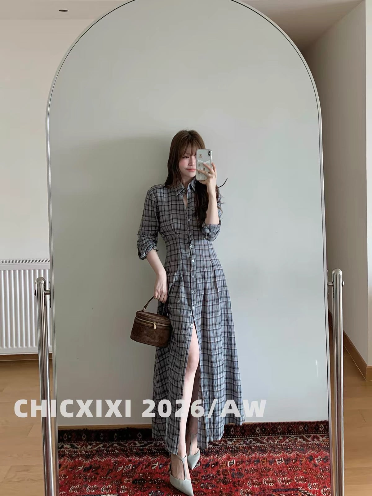 CHICXIXI 2026 AW Women’s Vintage Casual Long-Sleeve Plaid Shirt Dress – Loose-Fit, Slimming, Button-Down Maxi Dress
