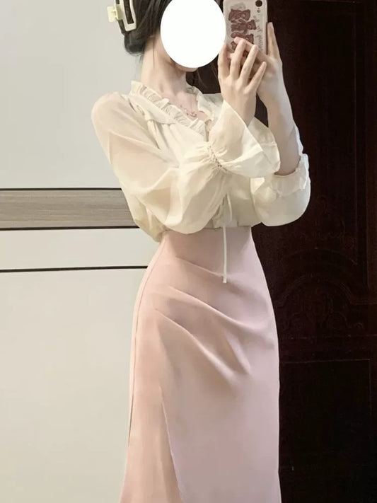 Early Spring and Autumn New Style French Gentle Style Ruffled Puff Sleeve V-neck Shirt Women's Temperament Chic Long Sleeve Top