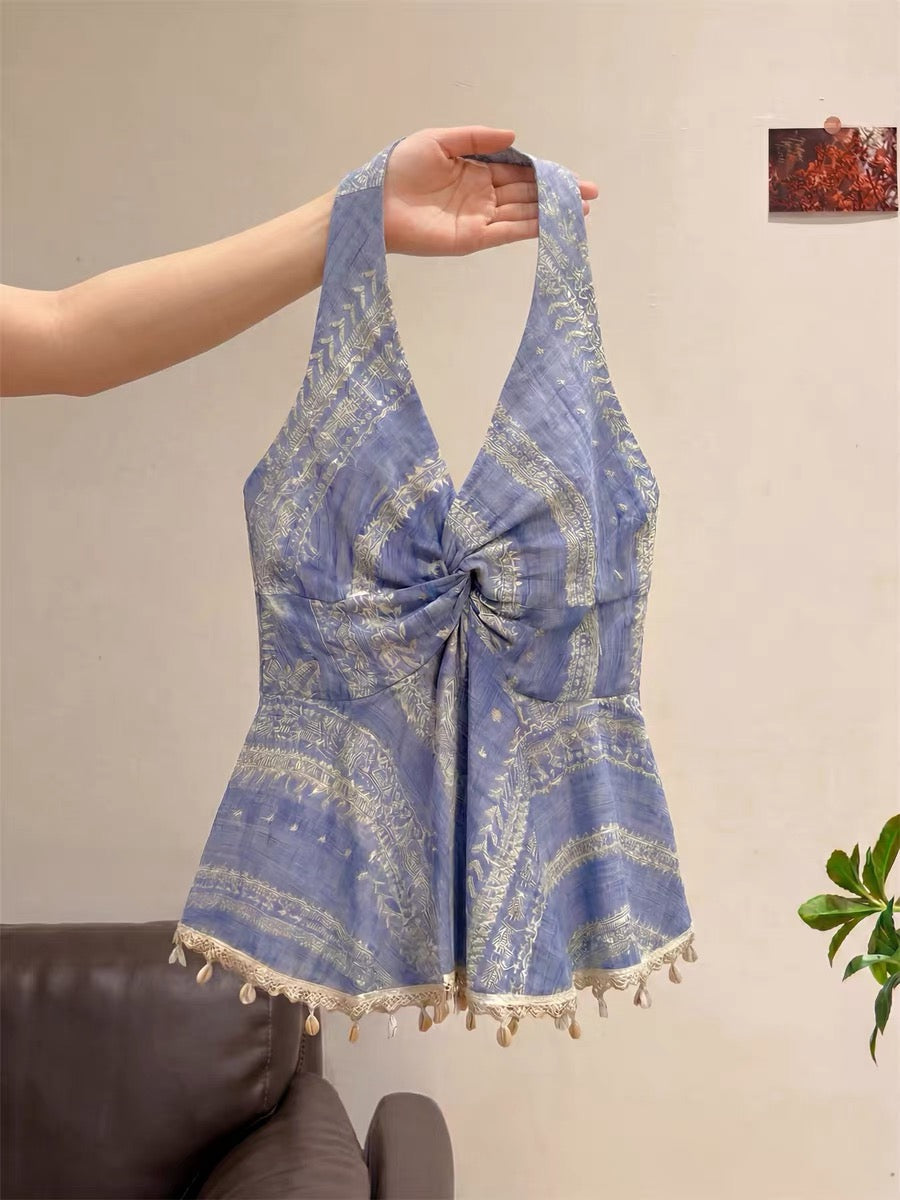 French-style sleeveless halter top dress for women, perfect for summer, unique design, halter neck and backless top.