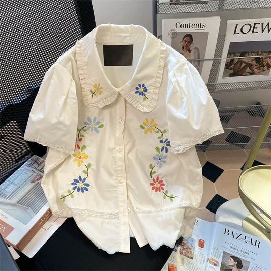 French retro floral embroidered Peter Pan collar shirt, unisex, summer, petite, sweet and stylish short-sleeved top.