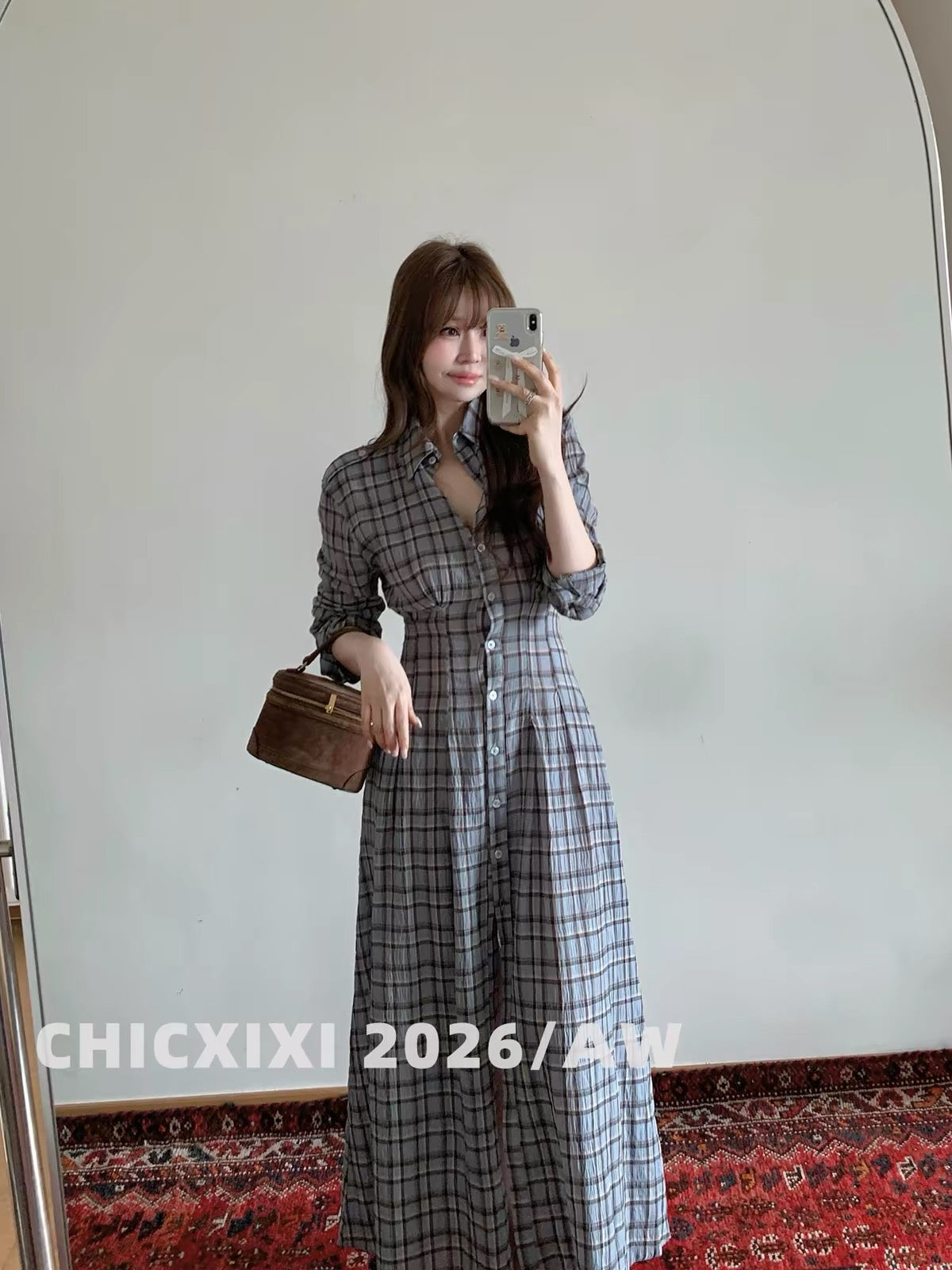 CHICXIXI 2026 AW Women’s Vintage Casual Long-Sleeve Plaid Shirt Dress – Loose-Fit, Slimming, Button-Down Maxi Dress