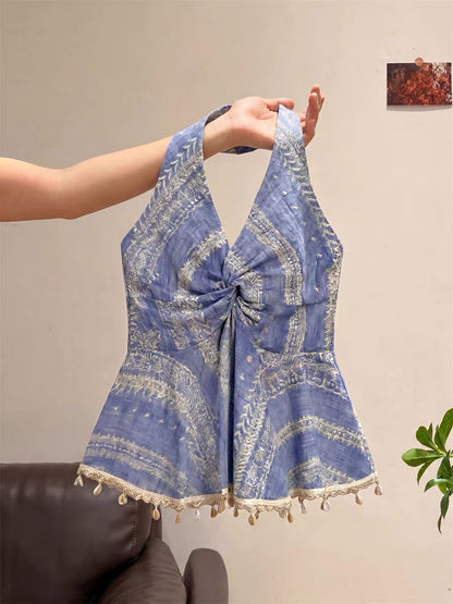 French-style sleeveless halter top dress for women, perfect for summer, unique design, halter neck and backless top.