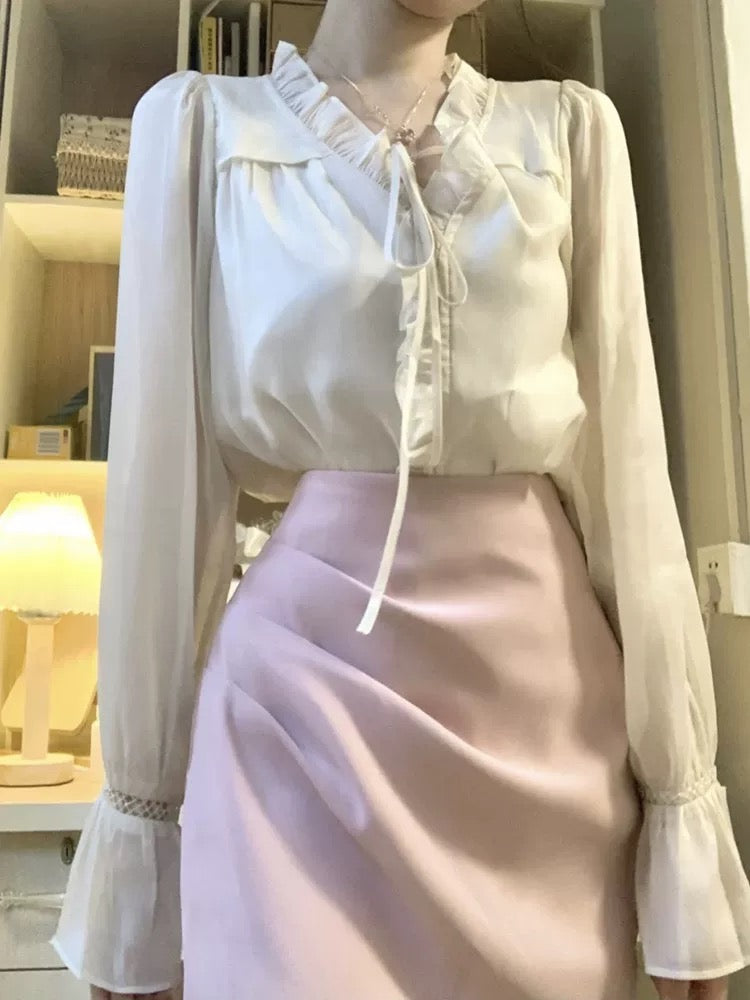 Early Spring and Autumn New Style French Gentle Style Ruffled Puff Sleeve V-neck Shirt Women's Temperament Chic Long Sleeve Top