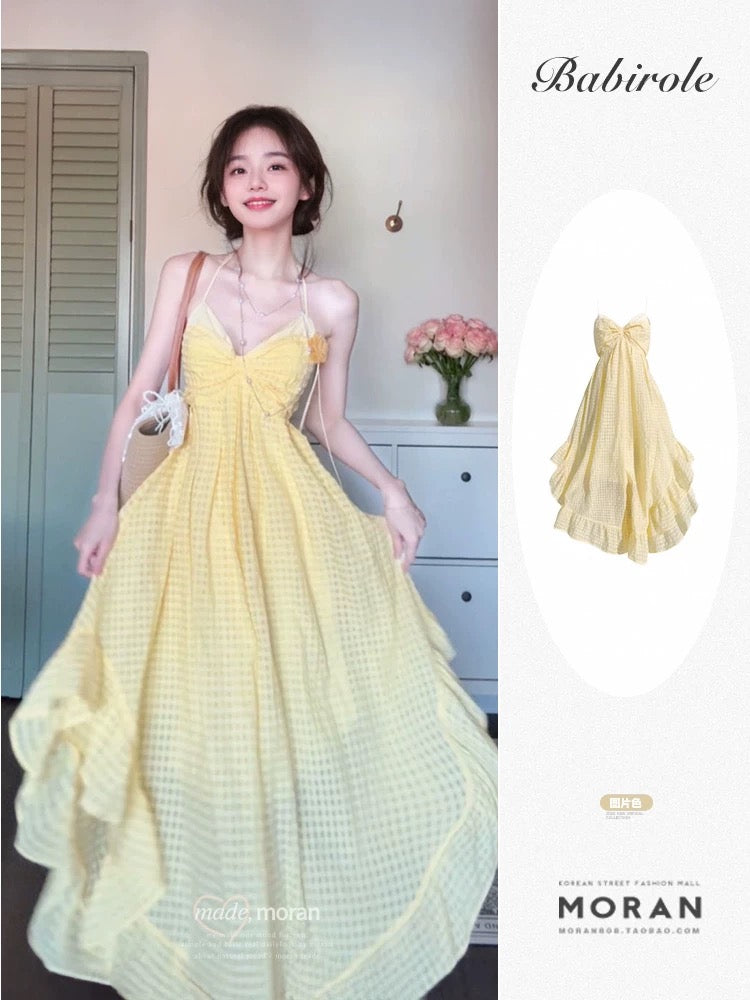 Beautiful summer beach vacation suspender dress, irregular beach long skirt for women, pinch waist design, niche yellow