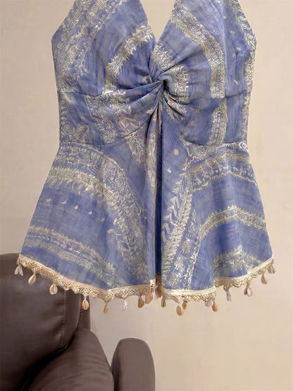 French-style sleeveless halter top dress for women, perfect for summer, unique design, halter neck and backless top.