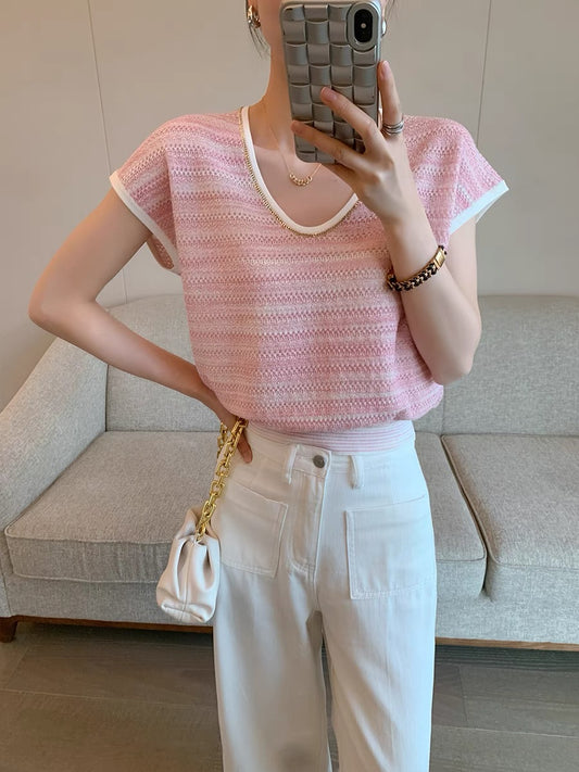 PINKEEN pink V-neck short-sleeved knitted T-shirt for women summer 2024 new style French casual age-reducing fashion top