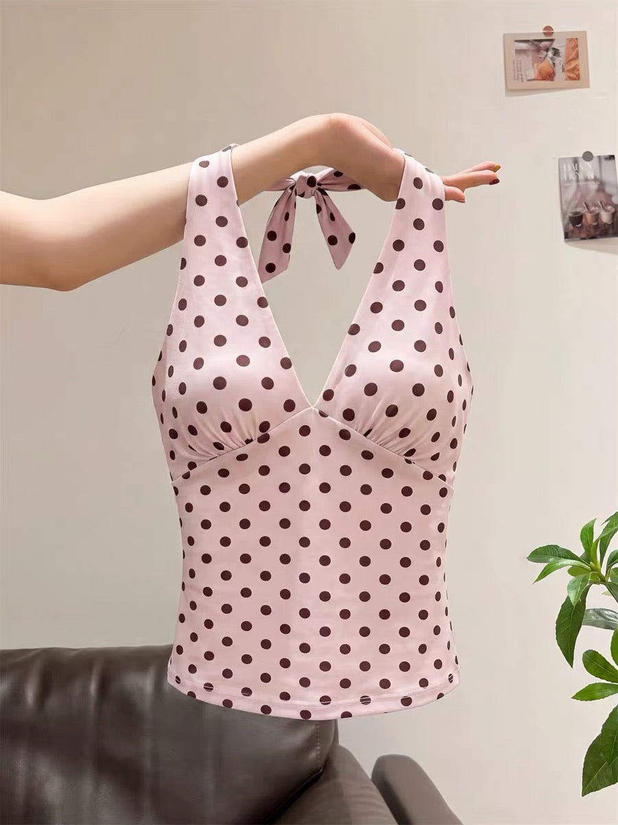 This summer's chic and stunning polka dot halter top for women is a Korean style, beautiful, unique, super cute, and slimming.