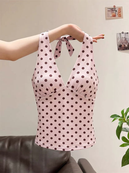 This summer's chic and stunning polka dot halter top for women is a Korean style, beautiful, unique, super cute, and slimming.