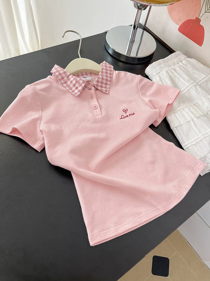 Everyone gets one! Pink plaid polo collar short-sleeved T-shirt for women, unique and beautiful early summer top