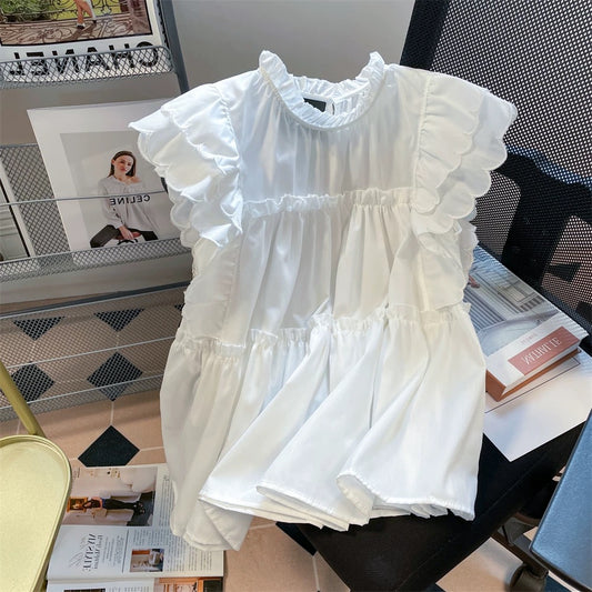 French-style chic ruffled short sleeve babydoll top, unisex summer sweet and unique design white shirt