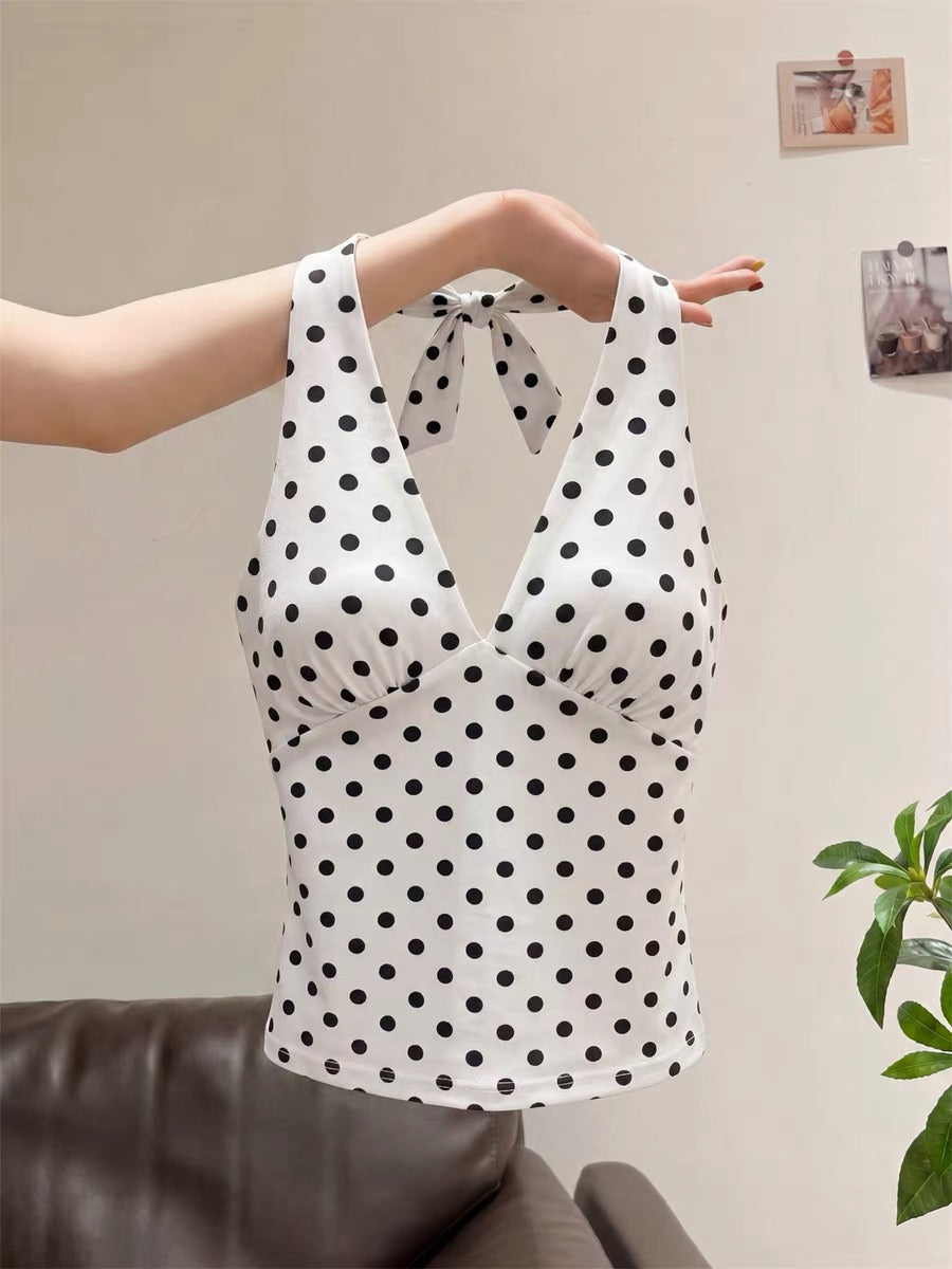 This summer's chic and stunning polka dot halter top for women is a Korean style, beautiful, unique, super cute, and slimming.