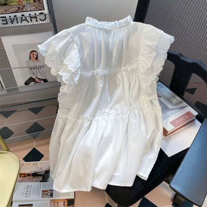 French-style chic ruffled short sleeve babydoll top, unisex summer sweet and unique design white shirt