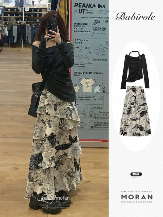 2025 Early Spring New Ruffled Floral Cake Skirt Retro High Waist Slim A-Line Long Skirt for Small People Two-piece Set