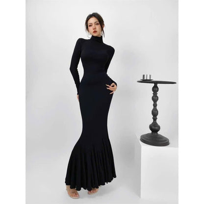 GRACE Bubu Shenglian Fishtail Skirt Spring and Autumn Bottoming Pure Desire Style Pile Collar Long Sleeve Dress