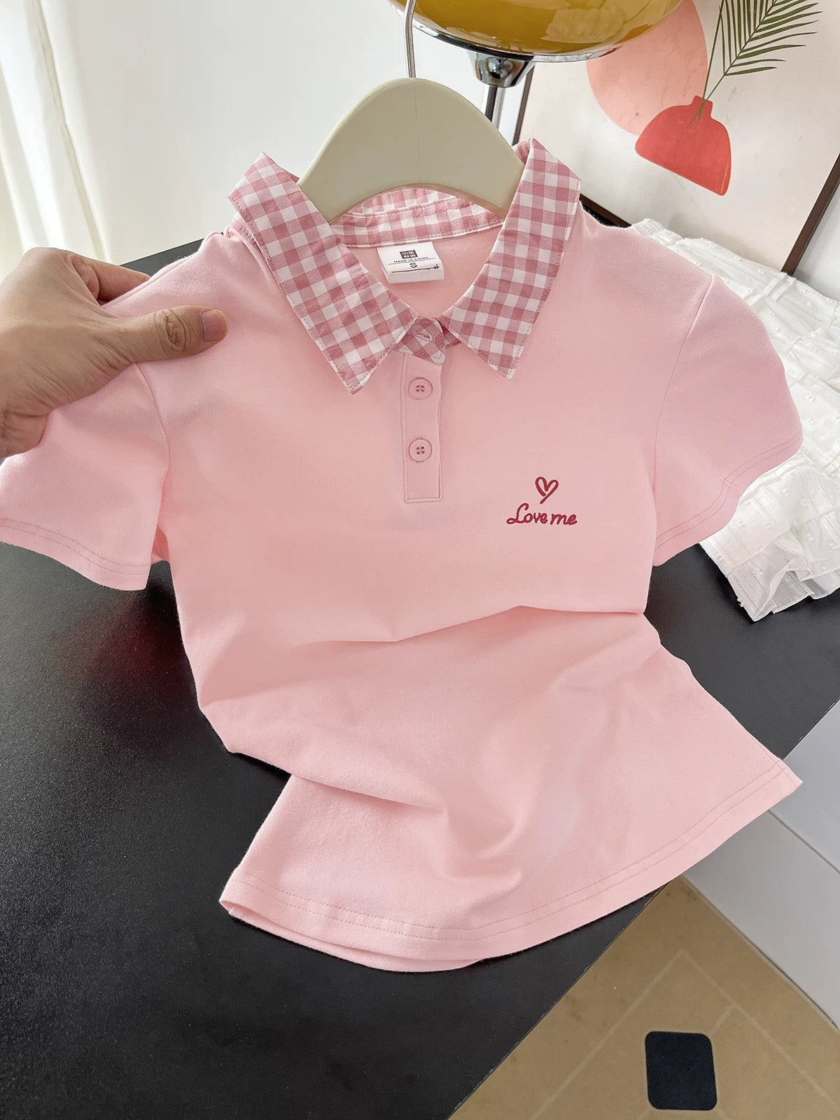 Everyone gets one! Pink plaid polo collar short-sleeved T-shirt for women, unique and beautiful early summer top