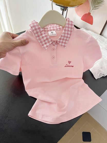 Everyone gets one! Pink plaid polo collar short-sleeved T-shirt for women, unique and beautiful early summer top