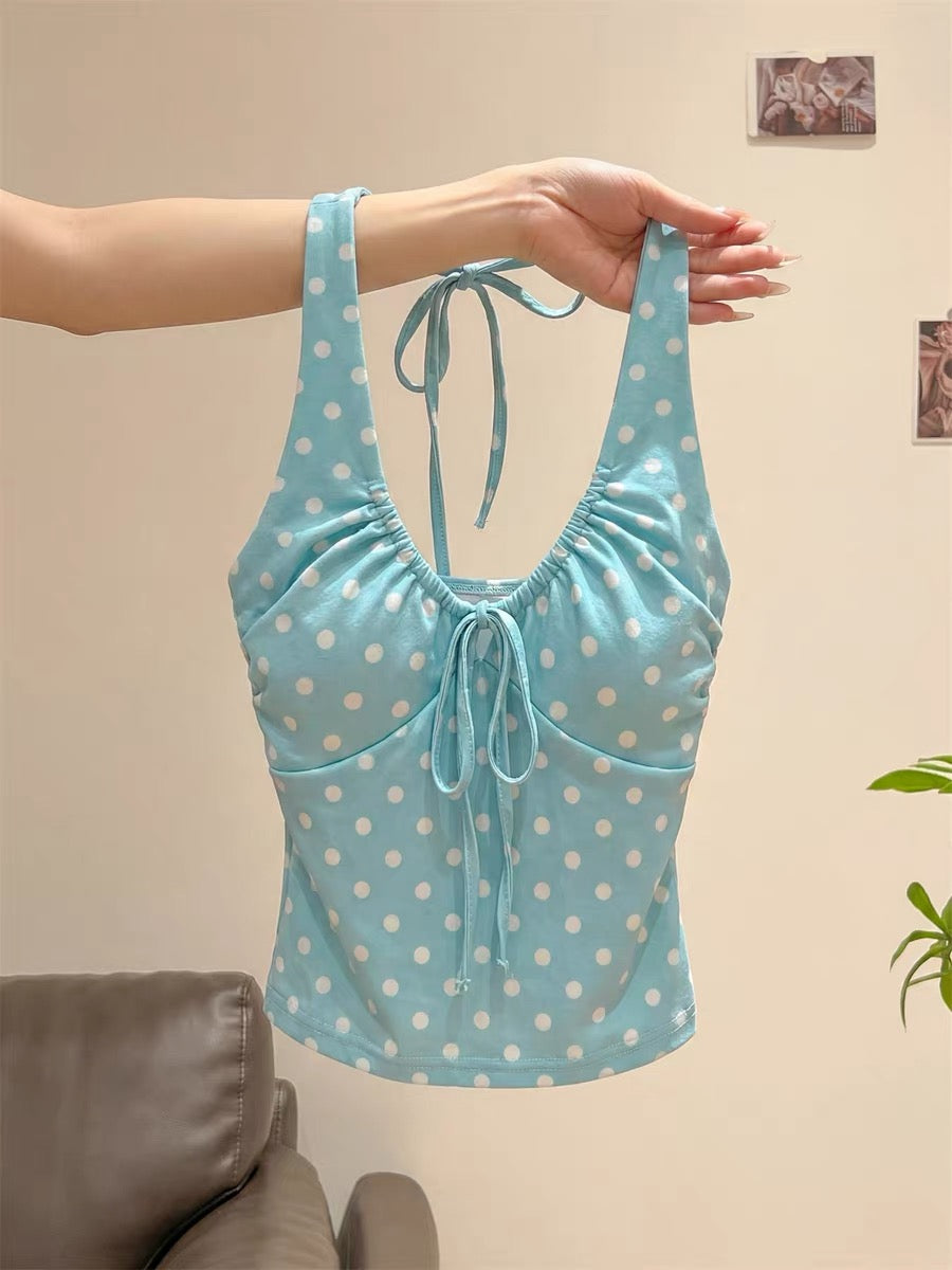 American-style polka dot halter neck backless camisole for women, summer design, unique style, slim fit, and flattering outerwear.