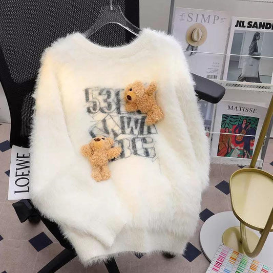 3D 3D Bear Sweater for Women, Thickened Winter Style, 2025 New Arrival, Soft and Relaxed, High-End Mink Cashmere Knitwear