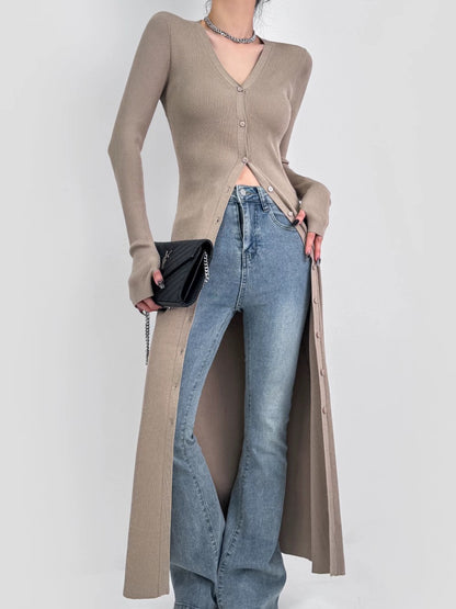 DOUBLE Z early spring slim Paper Man knitted cardigan with hip-hugging long skirt for women V-neck slim mid-length coat