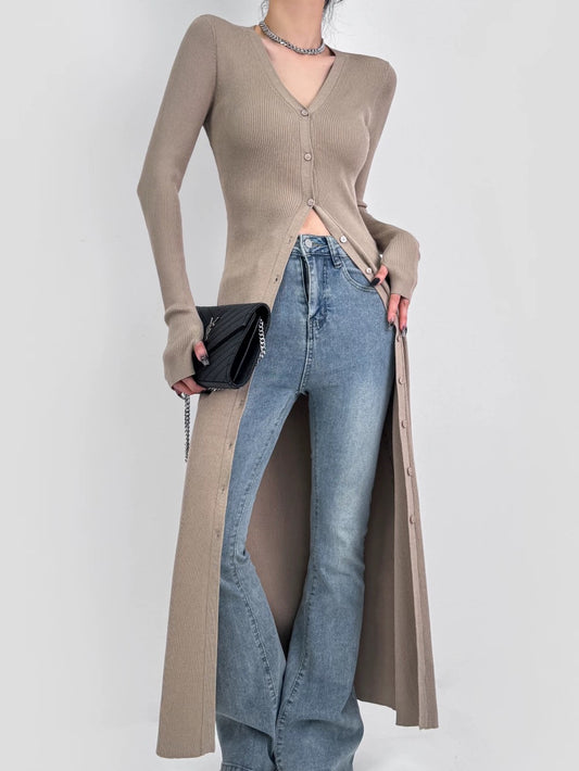 DOUBLE Z early spring slim Paper Man knitted cardigan with hip-hugging long skirt for women V-neck slim mid-length coat