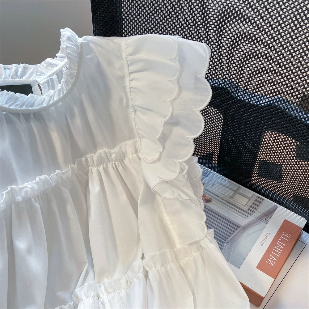 French-style chic ruffled short sleeve babydoll top, unisex summer sweet and unique design white shirt