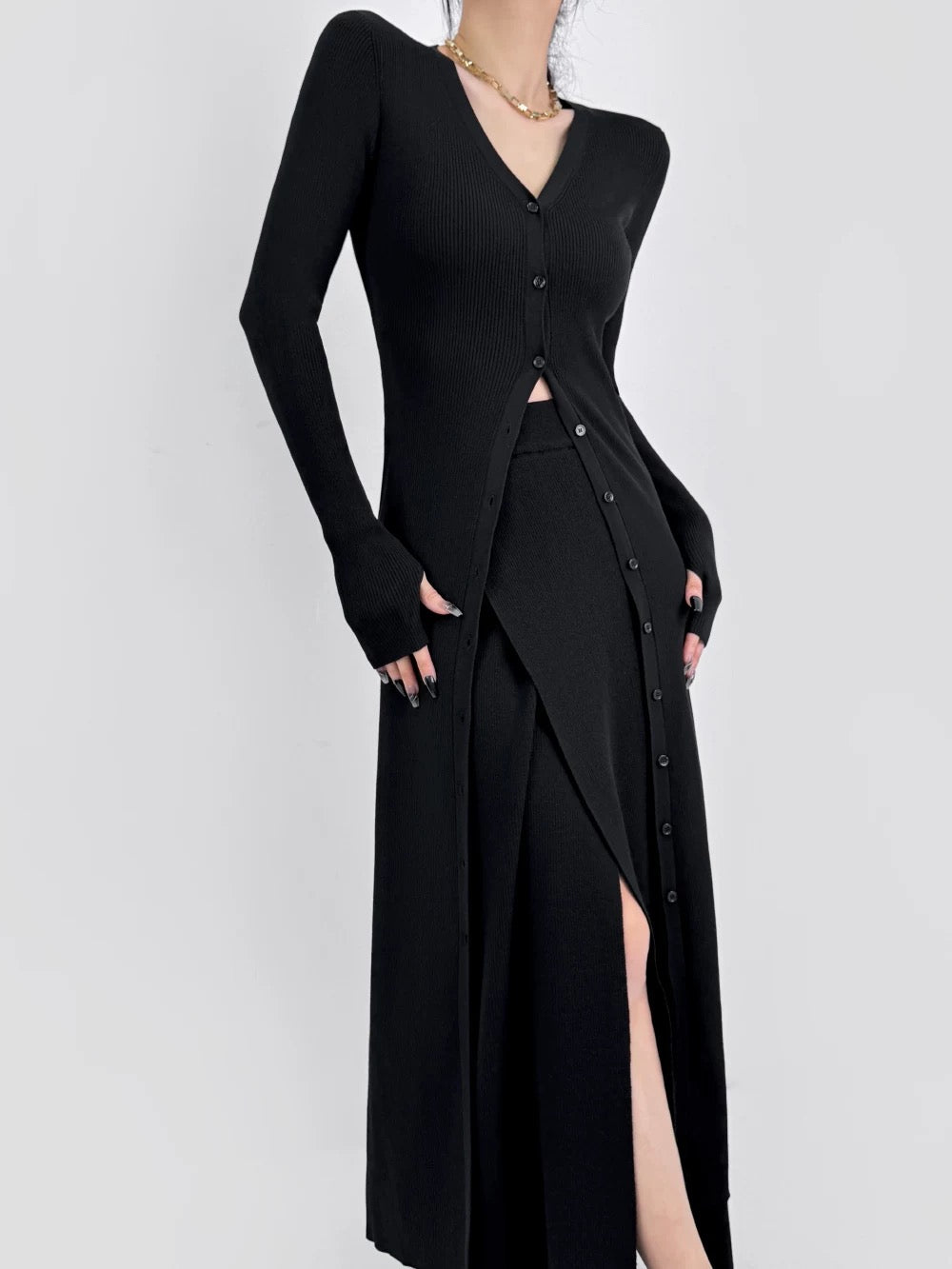 DOUBLE Z early spring slim Paper Man knitted cardigan with hip-hugging long skirt for women V-neck slim mid-length coat