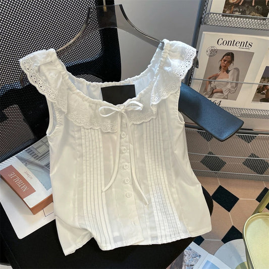 French sweet and innocent style short-sleeved blouse for men and women, summer lace trim tie sleeveless vest top