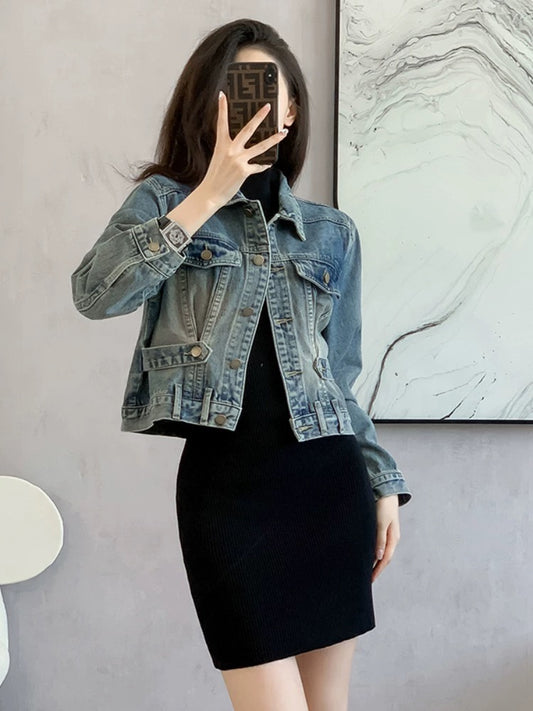 Designed long-sleeved denim jacket for women spring 2024 new loose outer dress short jacket top trendy