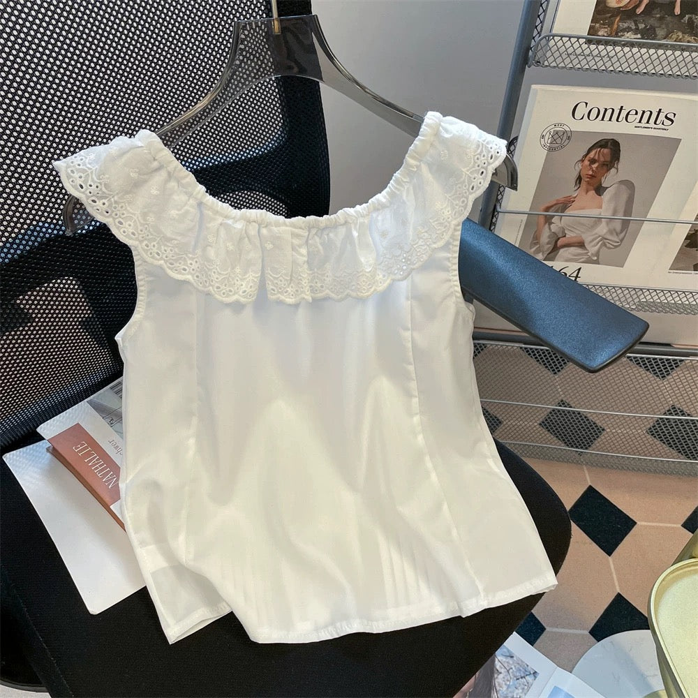 French sweet and innocent style short-sleeved blouse for men and women, summer lace trim tie sleeveless vest top