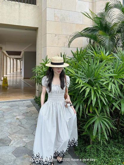 CHIC French Romantic Vintage-Style Vacation Dress – U-Neck, Lace-Up, Puff-Sleeve, Waist-Defining Maxi Dress with a Full, Flowy Skirt