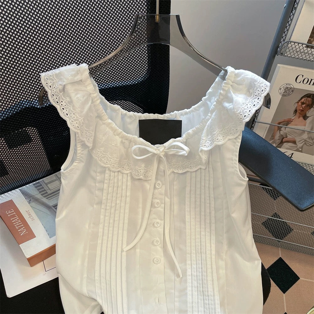 French sweet and innocent style short-sleeved blouse for men and women, summer lace trim tie sleeveless vest top