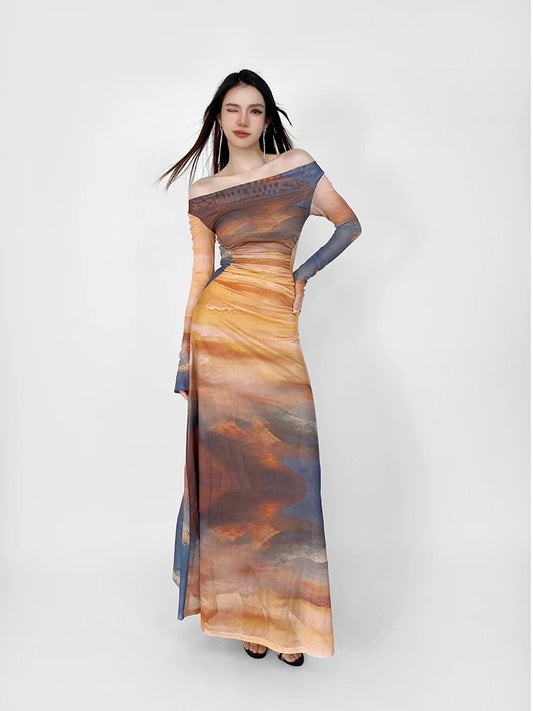 GRACE sunset tie-dye print dress for women, one-shoulder swing collar, temperament, slimming, holiday long dress