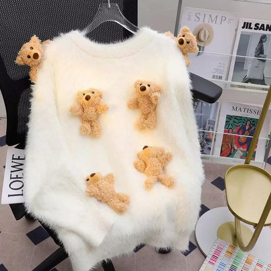 White 3D Bear Top, 2024 Winter New Knitted Cardigan, Loose and Lazy Style, Thick Sweater for Women, Autumn and Winter