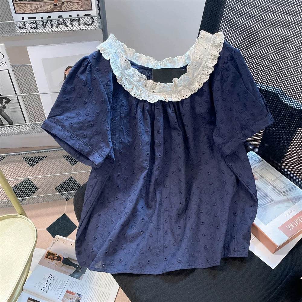 Japanese retro style color-blocked lace collar babydoll top, unisex summer youthful petite puff sleeve shirt